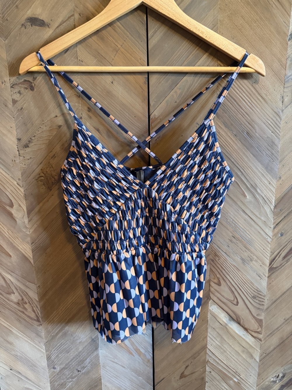 Anthropologie Navy and Peach Geo Smocked Cami Tank